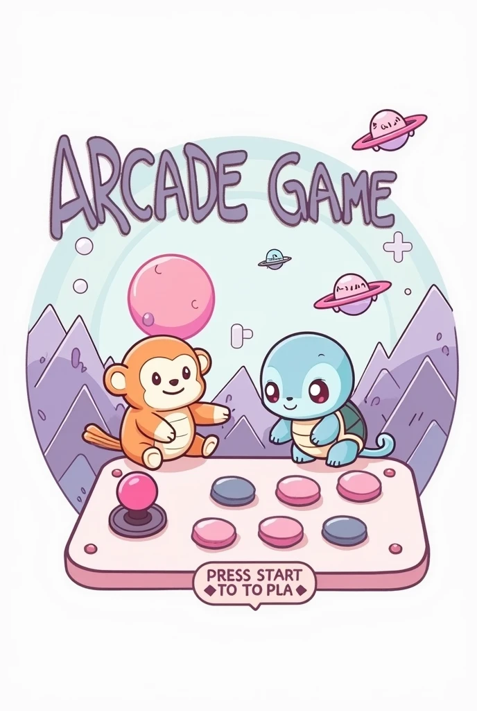 create an art. The image is a stylized graphic with a pastel color palette., predominantly in shades of pink, purple and blue. no topo central, There's the text "Arcade Game" in a fun font with a slight shadow effect. Below this text, ((there are two cartoon style squishmallow animals: to the left, a monkey with orange and white fur and looks that suggest contentment; On the right, a cute female turtle, with blue and white feathers and big round eyes. Both animals are sitting.)), No fundo, there are graphics that resemble mountains in various shades of purple with white outlines that give them a geometric appearance "metaverse style". Above these mountains, float three small spaceships and one larger ship. There is also a large pink planet-like object with rings around it.. Na parte inferior da imagem, there is an arcade game control panel with a joystick on the left side, which has a pink top and a light blue base. To the right of the joystick, there are four buttons: three smaller ones aligned horizontally in light pink colors, dark pink and blue, respectively; Beneath them, there is a larger button in dark pink. No canto inferior direito da imagem, there is additional text saying "PRESS START TO PLAY" inside a speech bubble shaped button design.