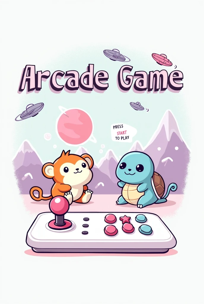 create an art. The image is a stylized graphic with a pastel color palette., predominantly in shades of pink, purple and blue. no topo central, There's the text "Arcade Game" in a fun font with a slight shadow effect. Below this text, ((there are two cartoon style squishmallow animals: to the left, a monkey with orange and white fur and looks that suggest contentment; On the right, a cute female turtle, with blue and white feathers and big round eyes. Both animals are sitting.)), No fundo, there are graphics that resemble mountains in various shades of purple with white outlines that give them a geometric appearance "metaverse style". Above these mountains, float three small spaceships and one larger ship. There is also a large pink planet-like object with rings around it.. Na parte inferior da imagem, there is an arcade game control panel with a joystick on the left side, which has a pink top and a light blue base. To the right of the joystick, there are four buttons: three smaller ones aligned horizontally in light pink colors, dark pink and blue, respectively; Beneath them, there is a larger button in dark pink. No canto inferior direito da imagem, there is additional text saying "PRESS START TO PLAY" inside a speech bubble shaped button design.

