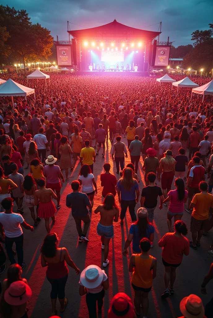 A dynamic overhead shot of a music festival crowd dancing to Brazilian samba. The scene captures the vibrant energy, with people moving in rhythm, their bright outfits and festival gear creating a kaleidoscope of colors. The stage in the distance is illuminated with spotlights, highlighting the musicians.