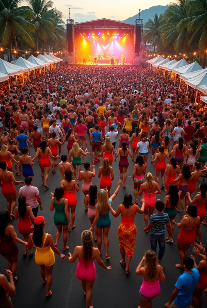 A dynamic overhead shot of a music festival crowd dancing to Brazilian samba. The scene captures the vibrant energy, with people moving in rhythm, their bright outfits and festival gear creating a kaleidoscope of colors. The stage in the distance is illuminated with spotlights, highlighting the musicians.
