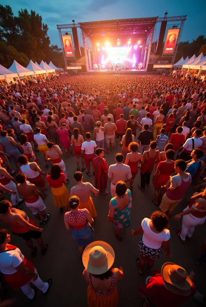 A dynamic overhead shot of a music festival crowd dancing to Brazilian samba. The scene captures the vibrant energy, with people moving in rhythm, their bright outfits and festival gear creating a kaleidoscope of colors. The stage in the distance is illuminated with spotlights, highlighting the musicians.