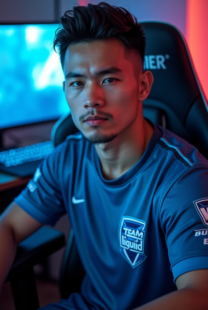 A handsome man with and black hair,wearing a an Team liquid esports jersey,sitting on gaming chair