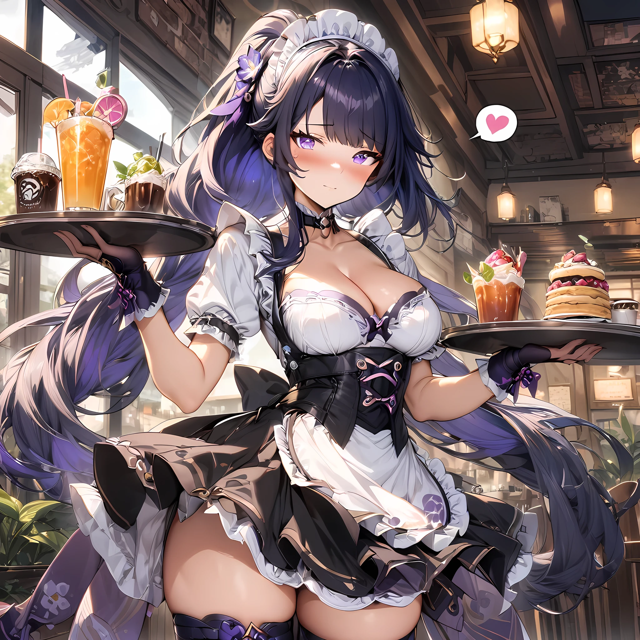 (masterpiece), best quality, expressive eyes, perfect face,1girl,(raiden shogun:0.6),genshin impact,maid,waitress,purple maid costume,cleavage,frilled dress,frilled skirt,curvy,long detached gloves,thigh high stockings,thigh strap,blush,shy smile,cowboy shot,cafe,tray,holding tray,drinks,serving,long hair,ponytail,heart choker,spoken heart