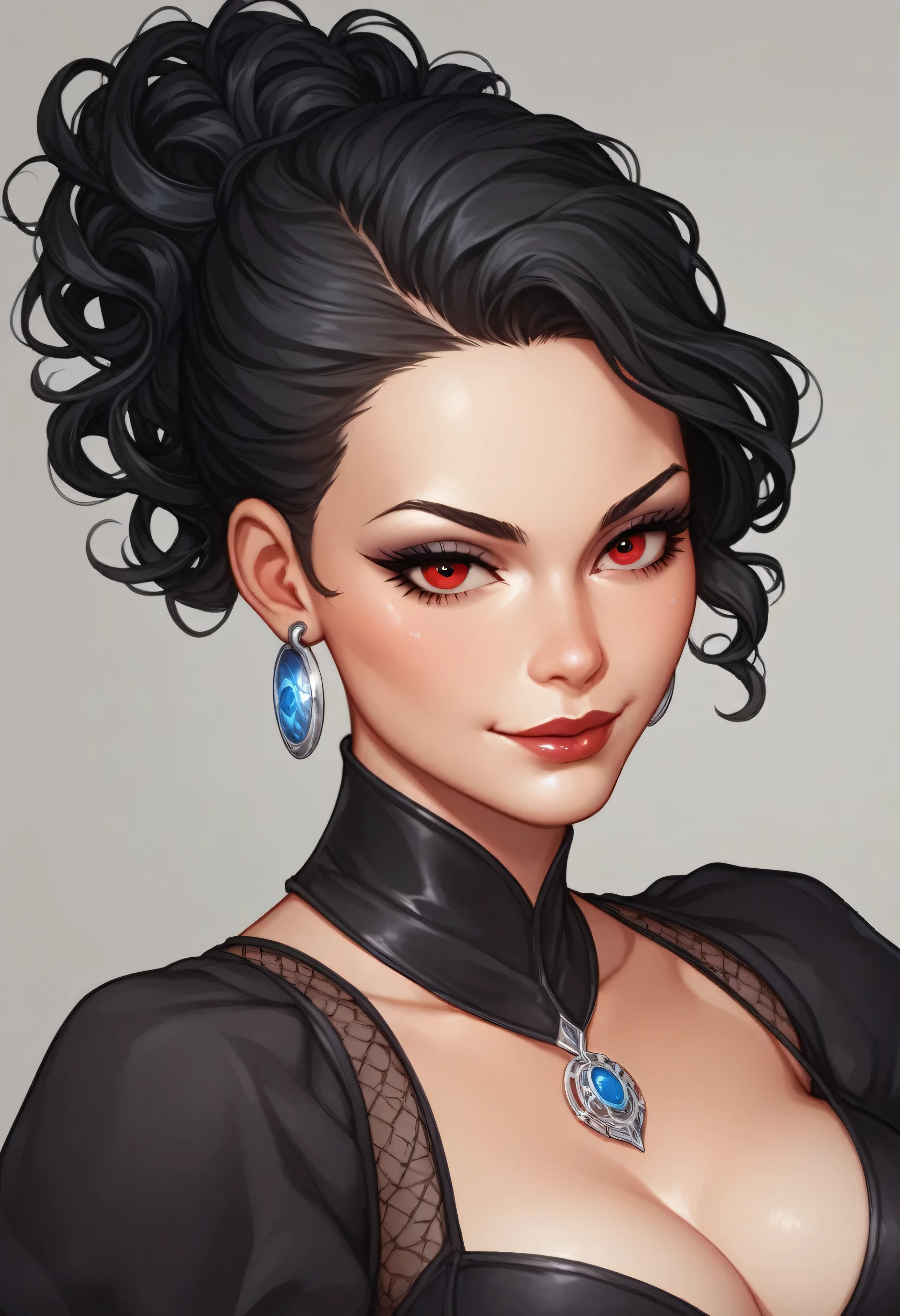1 hot woman, airhead but very intelligent, red eyes,pale skin , curly  black hair, dark mage,dimples and a hooked nose,pretty neckline,dark dress.His ears are pierced with multiple silver rings,with an enigmatic face and a mysterious smile,.manga style line, with a touch of sensuality.comics 