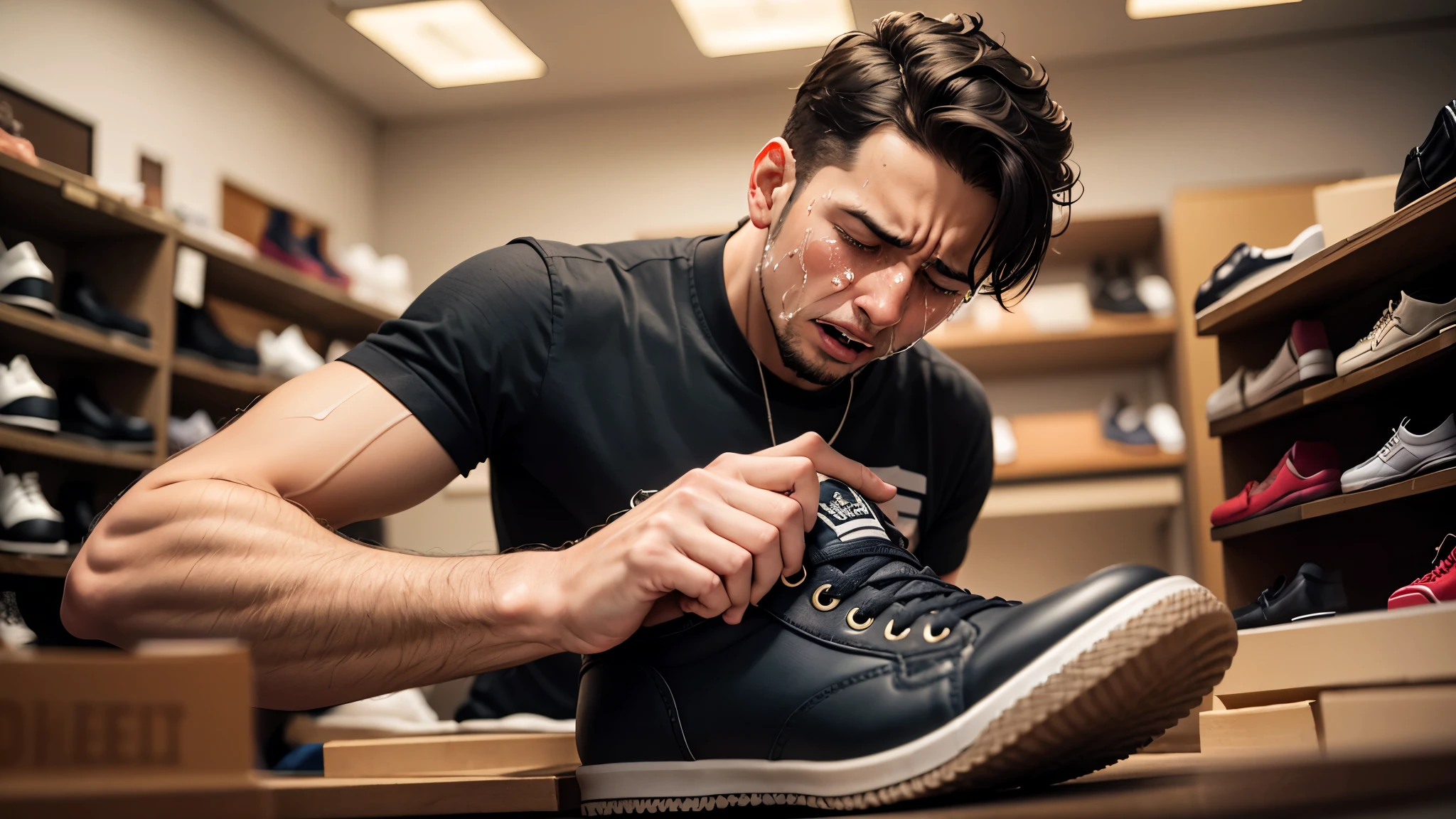 a guy with giant flat feet crying in a shoe store