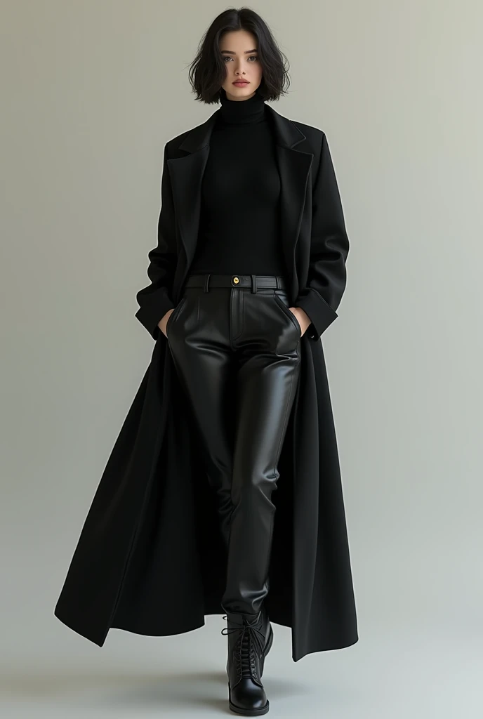 Give me a picture of a girl wearing black turtle neck shirt with black leather pants with a long black coat on top paired with black boots