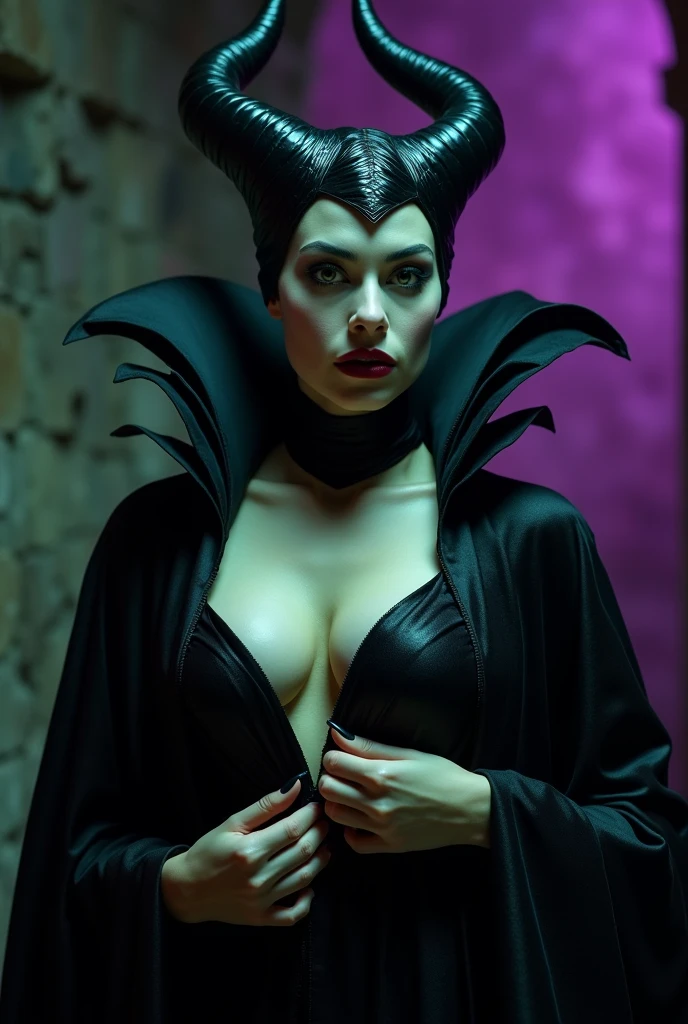 A stunning closeup portrait of Maleficent, she is unbuttoning her cloak, exposing her breasts and skin , she is fertile and wants to breed, location is dungeon interior, purple and green light, breasts, powerful, pale eyes