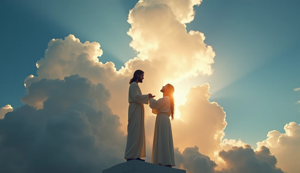 jesus, in the sky, blessing a person on Earth.