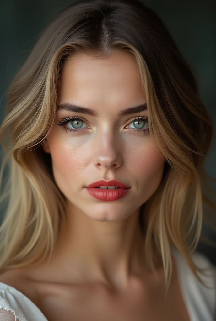 Woman with light brown hair, straight and blonde, of the piercing blue eyes, with your reddish mouth
