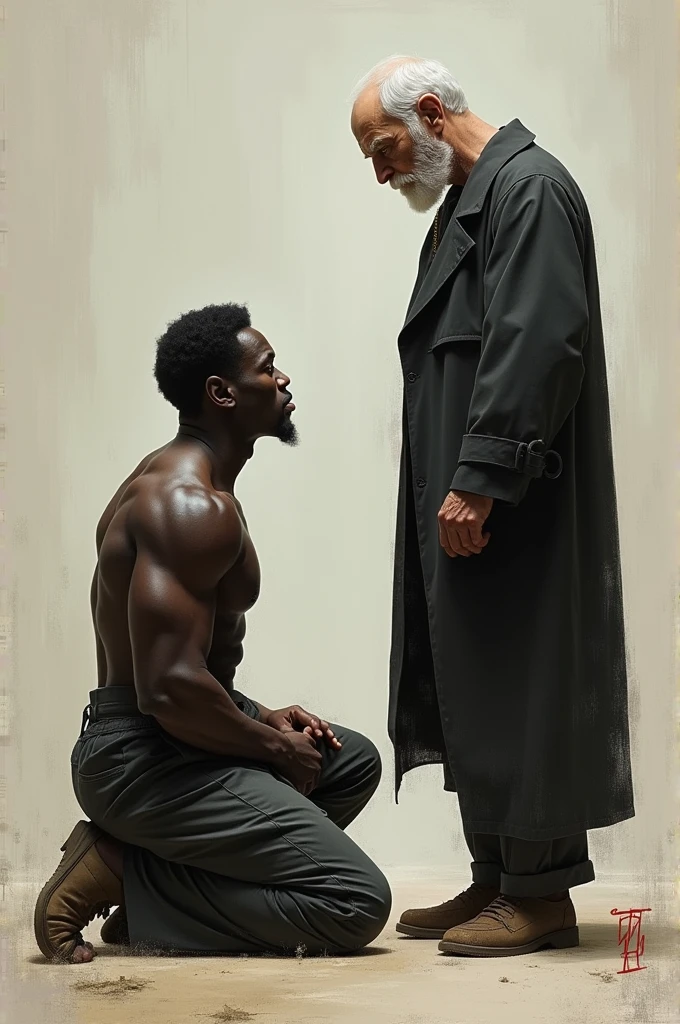 A black-skinned man kneeling before a white-skinned man