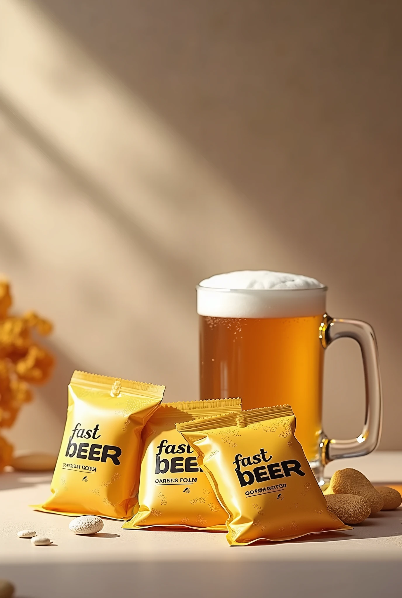 (photorealism:1.2), Beer in powder form in small sachets with the slogan fast beer and a mug of beer, with an elegant background
