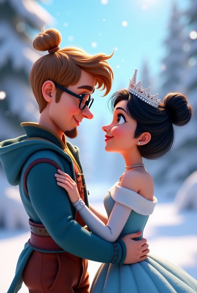 pixar 3d effect, couple in love, he young chubby, Eye Brown, Light brown bun hair, taz&#39;s clothes, light hair, goatee, wearing glasses, she has black curly hair, black  curly hair, eyes browns, ice queen dress, Diamond Crown, Snow Background