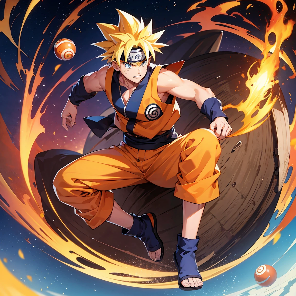 A fusion of Naruto and Goku,with several balls behind him forming a sphere 