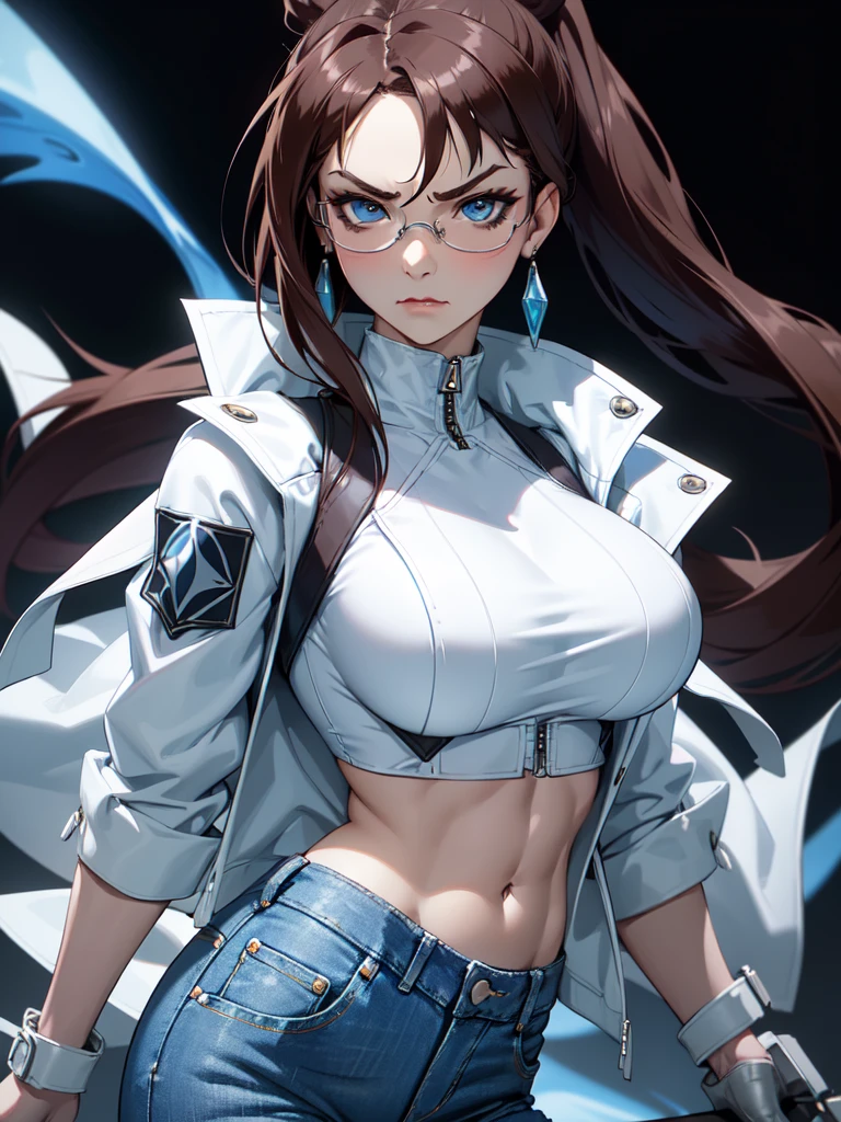 (((Portrait Photo))), She has the Appearance of a Regal and Elegant Teenager, with a Strong, Muscular Build that Commands Respect. She has Long, Straight Brown Hair Tied in a High, Oversized Ponytail, Keeping it Neat and Out of Her Face. Her Light Blue Eyes are Filled with Stormy Determination and a Hint of Fury, Giving Her a Fierce and Powerful Demeanor. Her Expression is Stern and Resolute, with a Tense Jaw and Piercing Gaze, Conveying a Sense of Heavenly Pride. (((Portrait Photo))),(((Dark Background))), (((Clear Glasses))), (((White Crop Top))), (((Open Denim Jacket that Reveals a Hint of Her Midriff)))