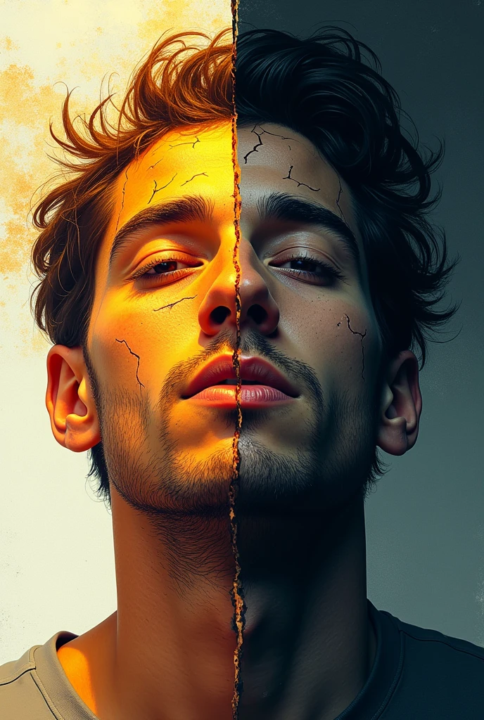 Create a close-up illustration of a male face, carefully divided in half. One side should be shiny, full of light that radiates hope, while the other side must be plunged into deep shadows, symbolizing internal struggle and darkness. The style should be semi-abstract, incorporating textures that evoke cracks and scars on the skin, suggesting emotional damage and the possibility of reconstruction. Use a contrasting color palette to emphasize the duality between light and shadow, and achieve a powerful visual effect that resonates with the complexity of the human being
