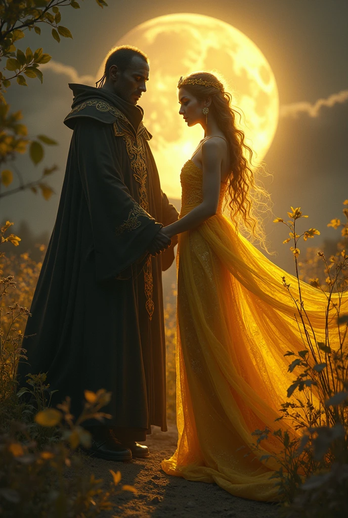 "Photograph of a dark magician golden sorceress under the moonlight,  Atmospheric, Hora dorada, encantador, Oscuro y encantador."
