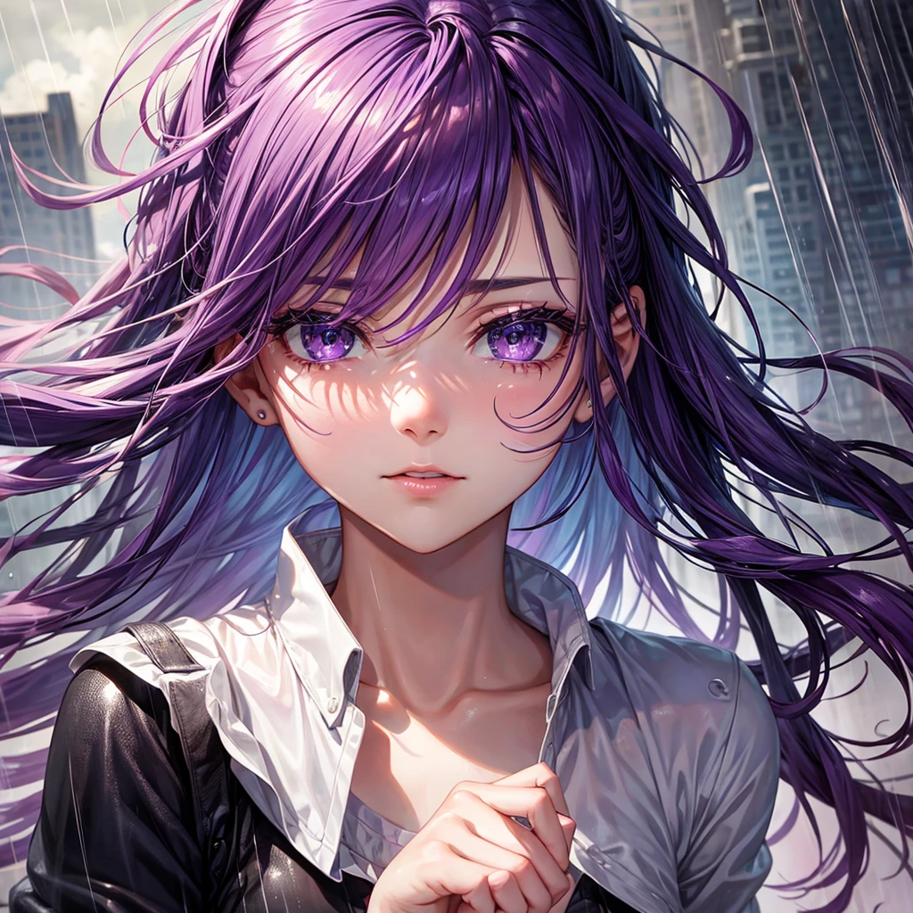 Purple hair running in the rain crying with her eyes