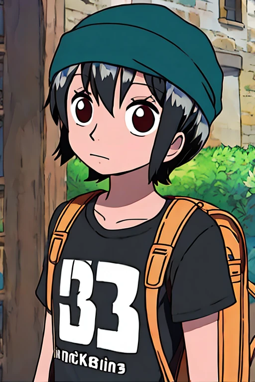 Girl, black hair, durag, very short hair, tshirt, backpack