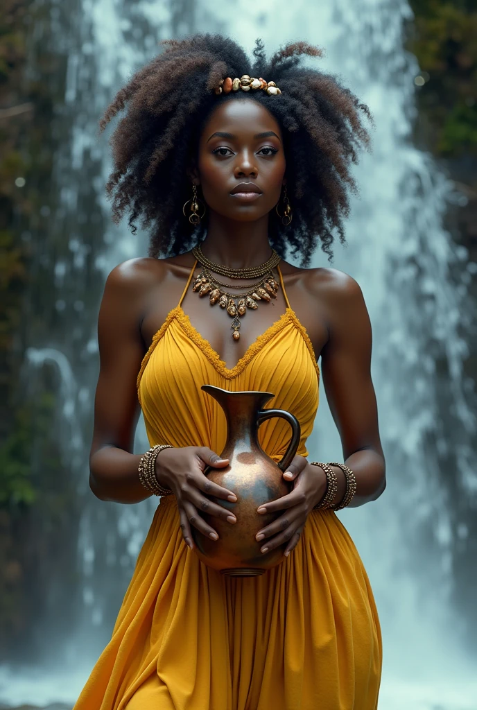 A black woman coming out of the waterfall wearing a golden yellow outfit with cowrie shells in her hair and a jug of water in her hands and copper bracelets with the waterfall in the background in 3D , close up hyperrealistic image.