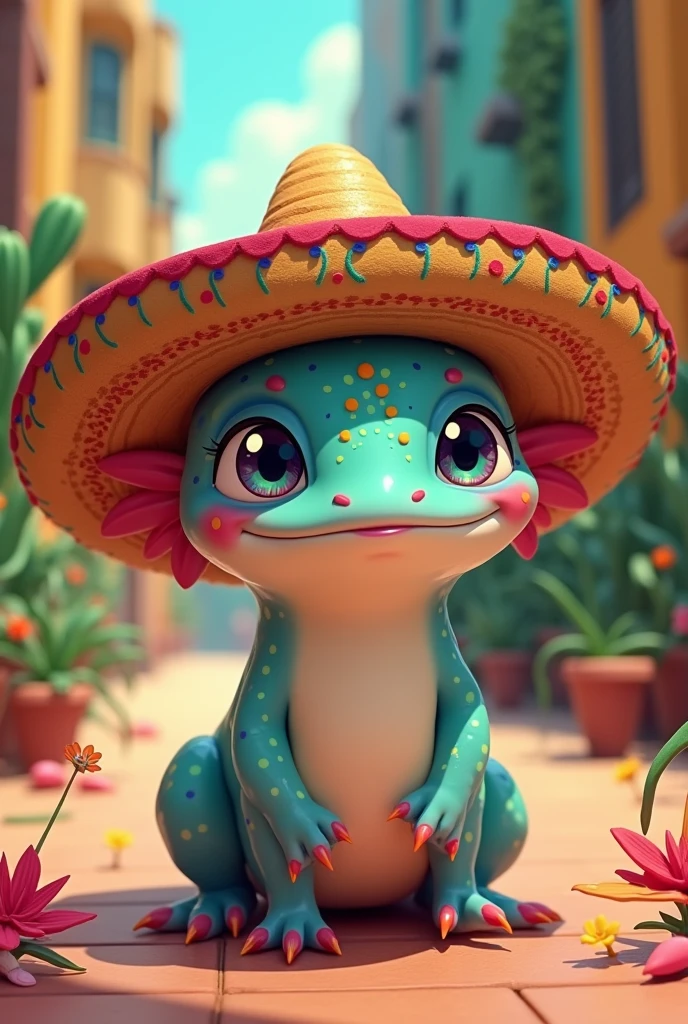 Animated axolotl with Mexican hat
