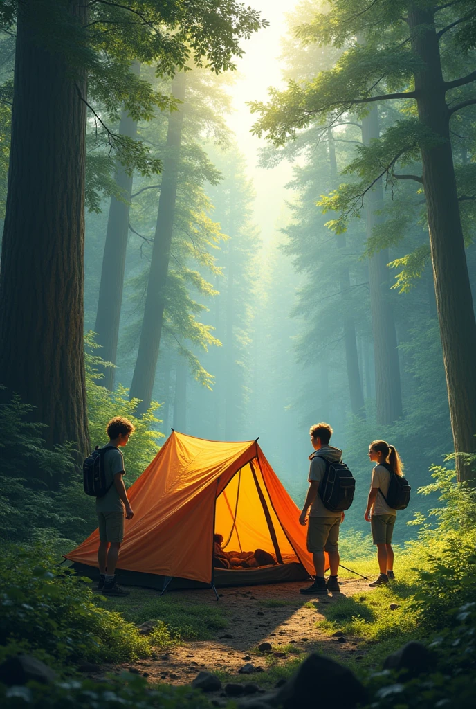A group of 3 friends in a deep and large forest, setting up a tent.