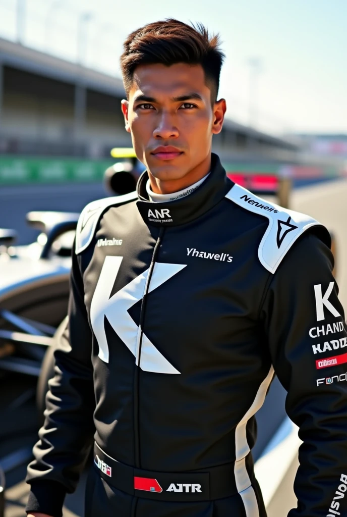  Handsome Filipino f1 driver wearing black and white tracksuit with chrome as sponsor with a large “K” on the suit (no helmet) with f1 car on the background