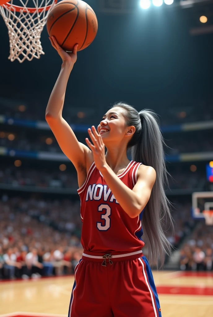 A beautiful youthful looking white Asian women as a 50 years old woman with very long hair completely gray hair in a 90s ponytail as a retired
NBA player wearing her old NBA jersey shooting the ball in the basket in a nba stadium she is smiling for the camera