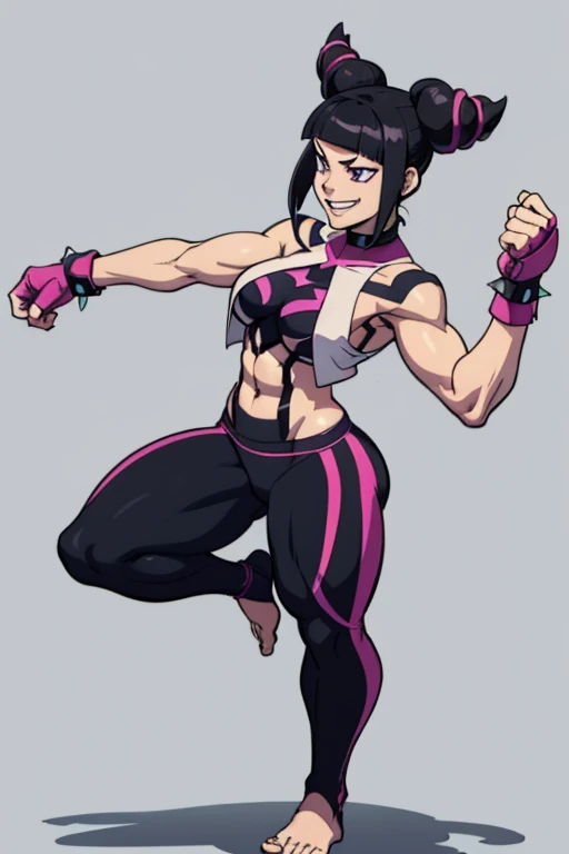 Full body image of Juri Han from Street Fighter 5, wearing her original outfit (black and purple clothes with spiked accents, barefoot with taped feet, and arm guards), short black hair styled in twin buns, female body, athletic and flexible body, dynamic pose, detailed pose, simple background, expressive face showing a mischievous grin, focus on face, line art, sketch, foujuri, laughing, huge muscle mass, muscular girl, bodybuilder physique, six-pack abs, huge muscular legs, extremely thick thighs
