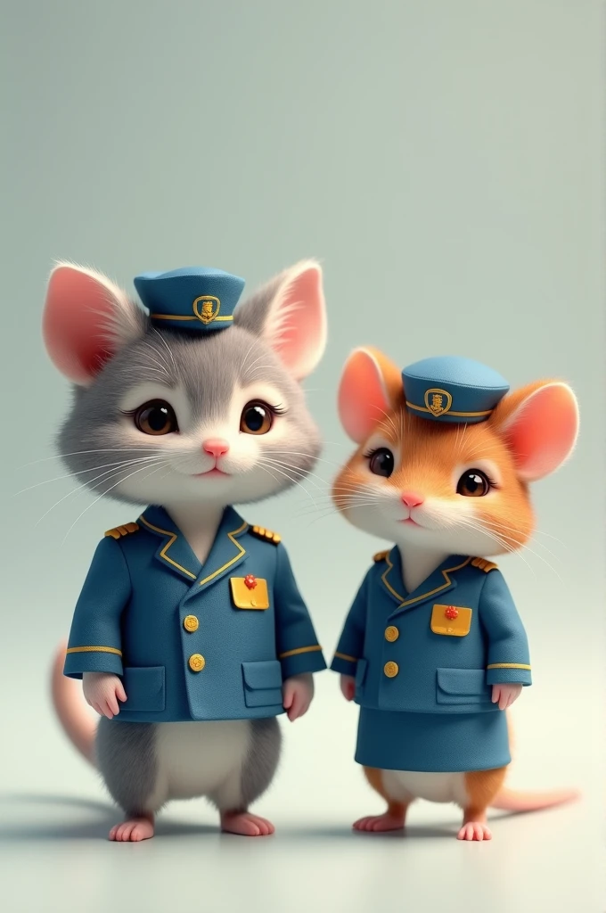 Male  cat stewardess next to babyse stewardess in blue suit