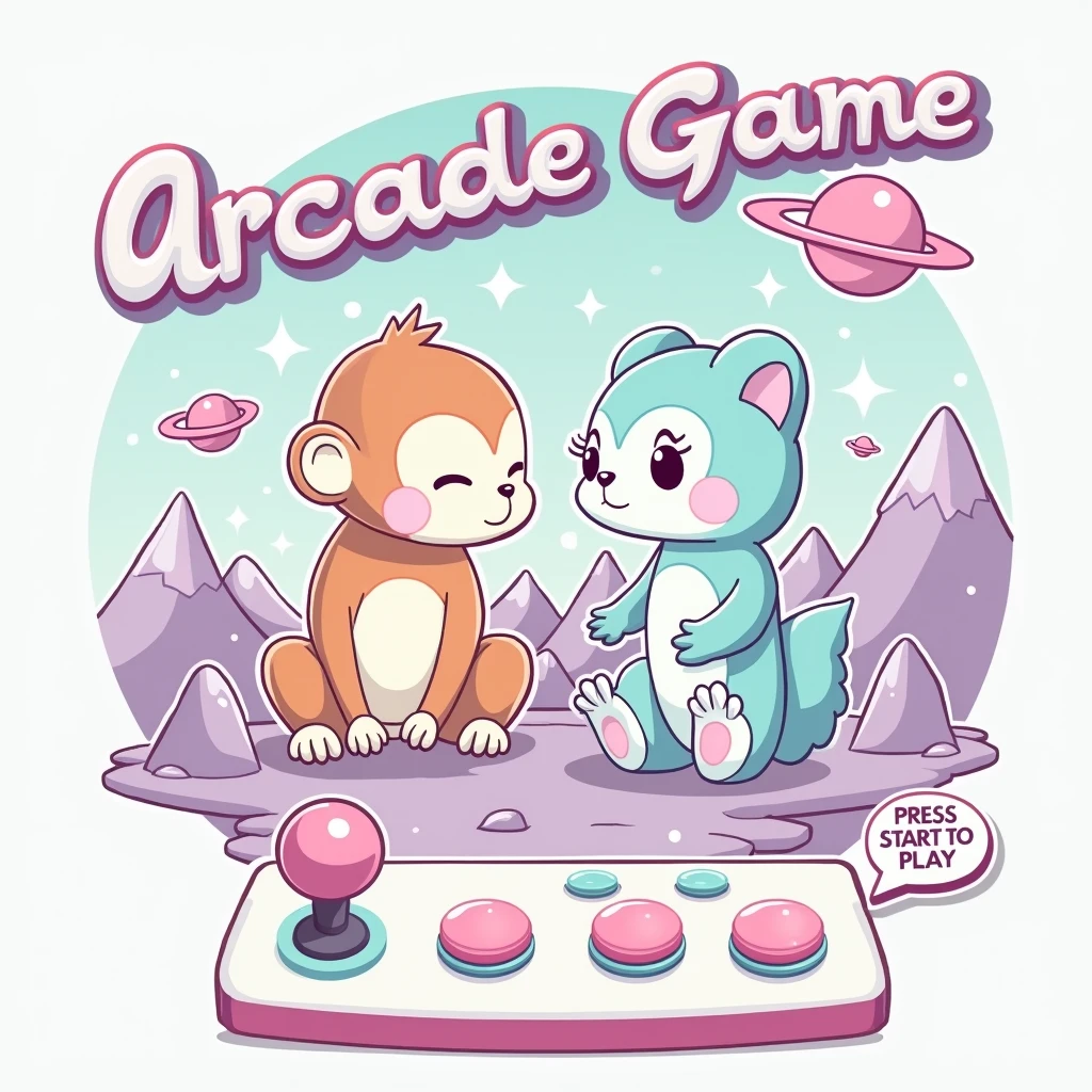 create an art. The image is a stylized graphic with a pastel color palette., predominantly in shades of pink, purple and blue. no topo central, There's the text "Arcade Game" in a fun font with a slight shadow effect. Below this text, ((there are two cartoon style squishmallow animals: to the left, a monkey with orange and white fur and closed eyes that suggest contentment; On the right, a squirrel with blue and white feathers and big round eyes. Both animals are sitting.)), No fundo, there are graphics that resemble mountains in various shades of purple with white outlines that give them a geometric appearance "metaverse style". Above these mountains, float three small spaceships and one larger ship. There is also a large pink planet-like object with rings around it.. Na parte inferior da imagem, there is an arcade game control panel with a joystick on the left side, which has a pink top and a light blue base. To the right of the joystick, there are four buttons: three smaller ones aligned horizontally in light pink colors, dark pink and blue, respectively; Beneath them, there is a larger button in dark pink. No canto inferior direito da imagem, there is additional text saying "PRESS START TO PLAY" inside a speech bubble shaped button design.