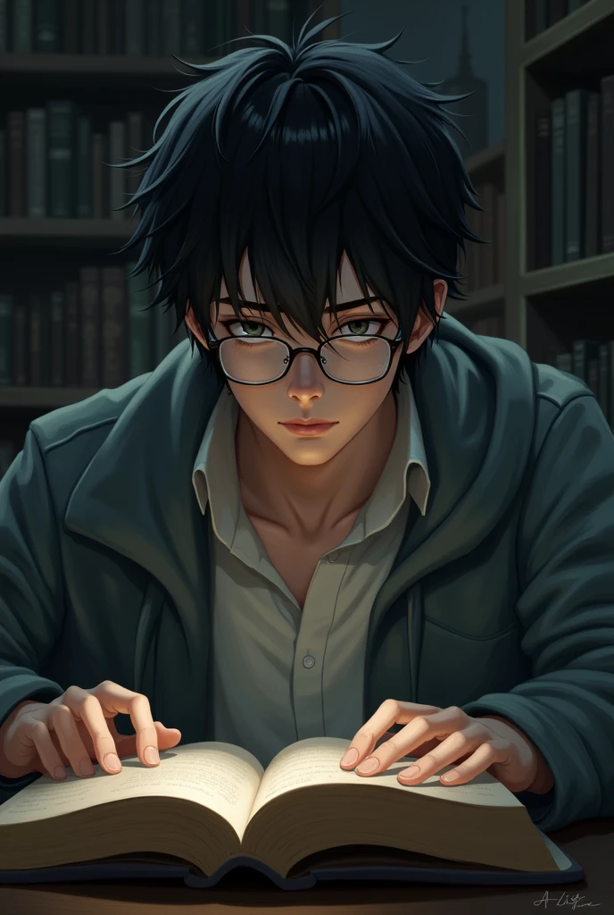 young man, student , with short messy black hair, pale skin, high, gray eyes, with glasses, semi realism, masculine , while reading 