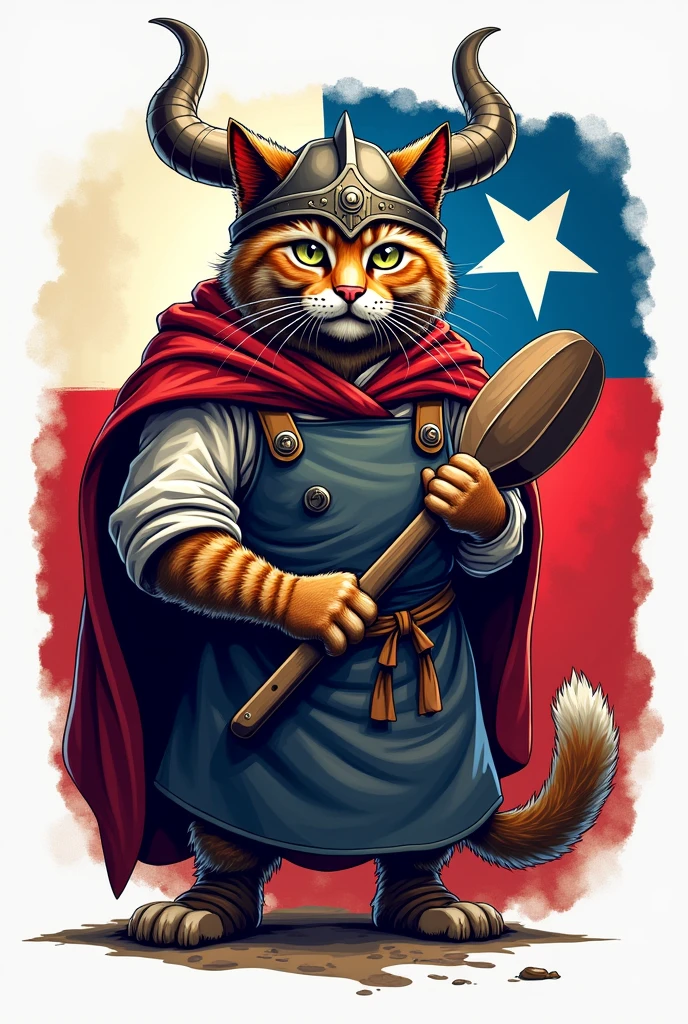 Create me a logo that is a viking chef cat  , with colors of the Chilean flag  