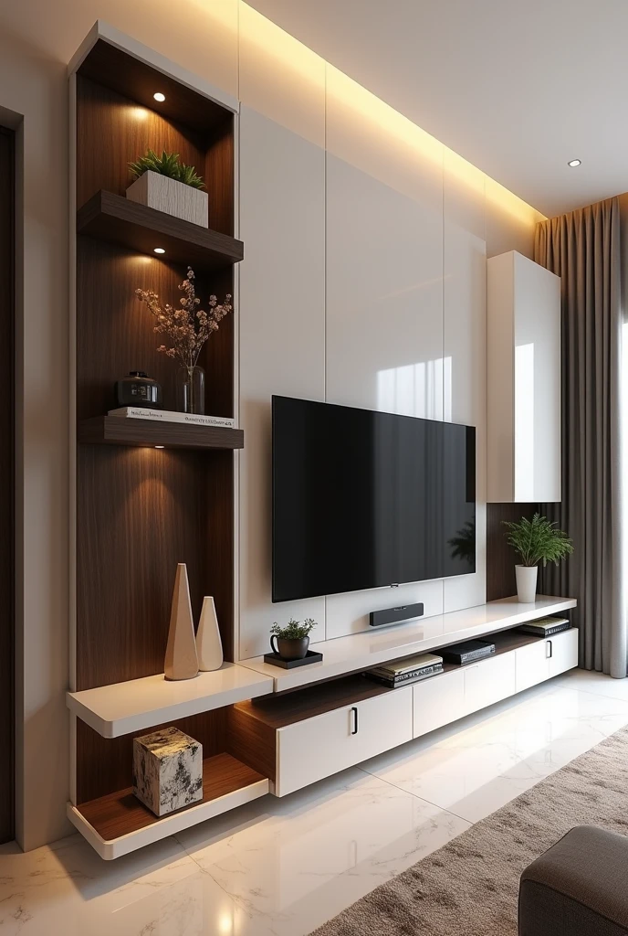A modern and elegant looking tv unit design for modern living room, wall is 12 feet long and 9 feet tall, on this wall the tv unit need to be created, use off white and dark cofee color combination 