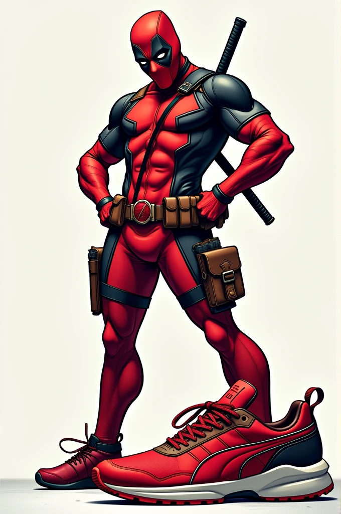Deadpool looking at some puma shoes