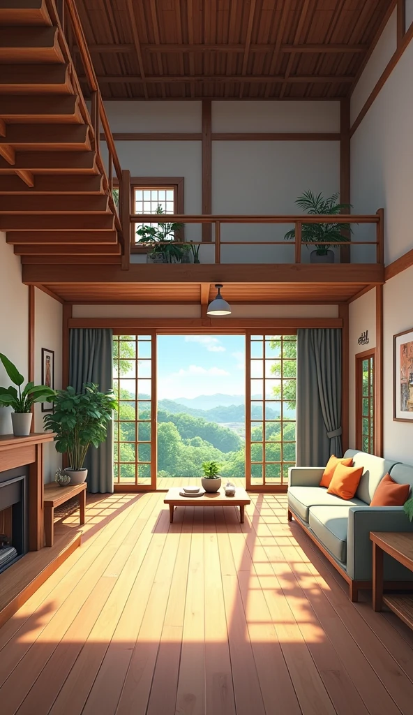 2d anime style wooden house living room staircase to upper floor full detail broad view