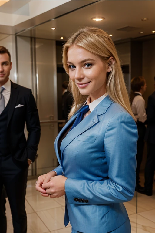 Very attractive woman, blonde, blue eyes, facing the camera, smiling. She is standing and dressed in an expensive business suit. Surrounded by male waiters, who are looking at her.