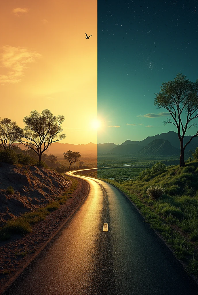 an image cut in half by a road where on the left there is the caatinga biome during the day and on the right the Pantanal biome at night