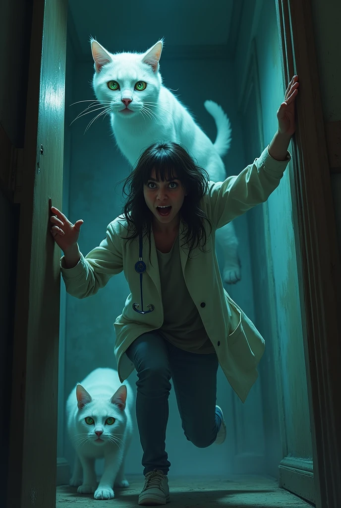The terrified owner trying to avoid the zombie white cat while frantically calling the doctor.