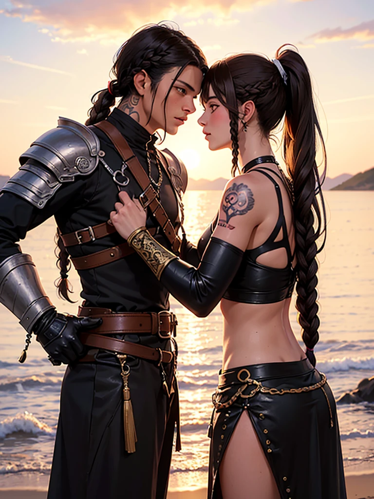 epic illustration of 2 gay men warriors, friends to lovers. One has tanned skin and tattoos with brown hair in braids tied in a ponytail and is blushing. The other has long black hair and an eye patch.