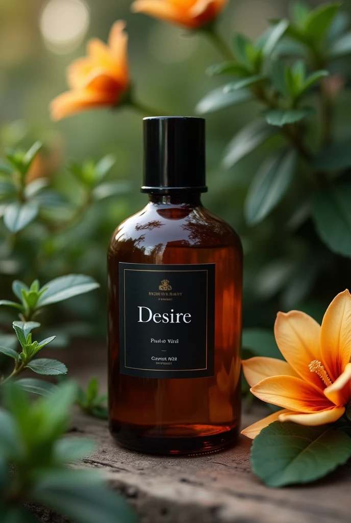 A brown glass Scent bottle of 50ml listed with black label written on white ICONIC DESIRE inspired by The Most Wanted by Scentsational Fumes standing on Bourbon Vanilla. garden center.