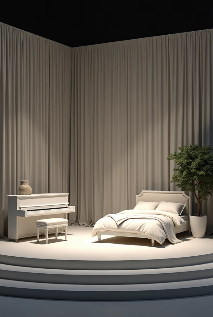 A theater stage, with a detailed white bed, a medium-sized potted tree next to the bed, and a piano