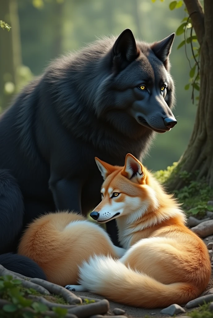 Couple of beautiful wolves, a big one with black fur, green eyes and a big alpha (Wolf man, werewolf,big beautiful wolf) and her companion, a strawberry-blonde wolf with amber eyes and a white tail on the tip (a beautiful woman with strawberry blonde hair and amber eyes )in a bed the pregnant wolf is lying next to the wolf playing so happily , wolf is angry