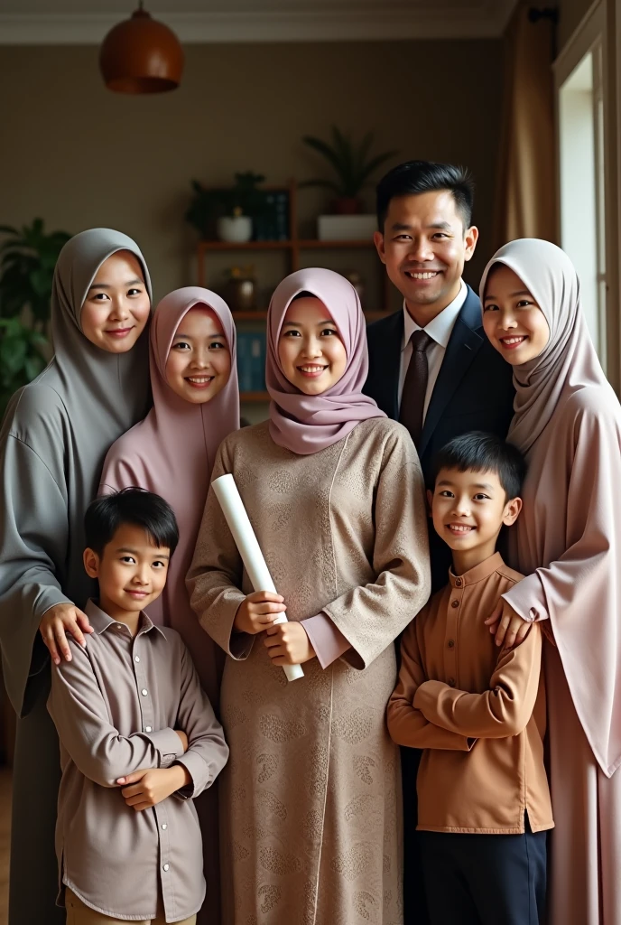 Family photo of a girl graduating wearing a kebaya and hijab and carrying a diploma in her hand, there is father, mothers who wear hijab, Sister who wears hijab, The older brother wearing a suit, and has a younger sister who is , and there is a little brother
