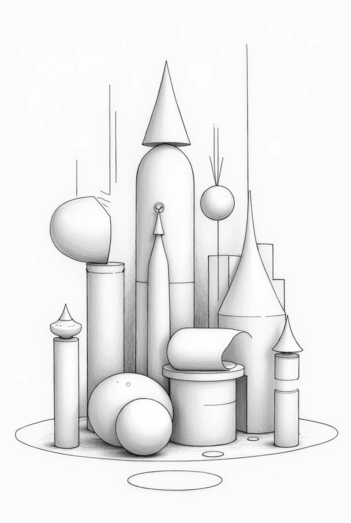 Abstract drawing with the following figures: cylinder, cylinder oblicuo, truncated gelindro, Cone, as oblique, as truncated, barrel, ball, hemisphere,spherical cap, spherical guy, steroid and circular ring