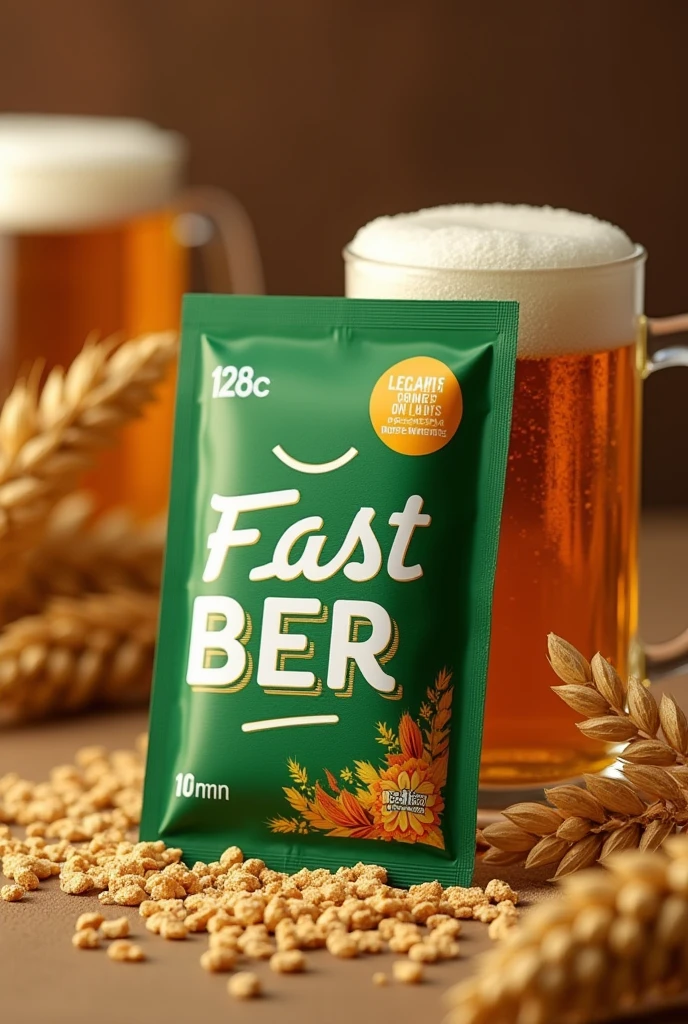 Beer in powder form in small green sachets with the slogan fast beer and a mug of beer, with a bar and wheat background
