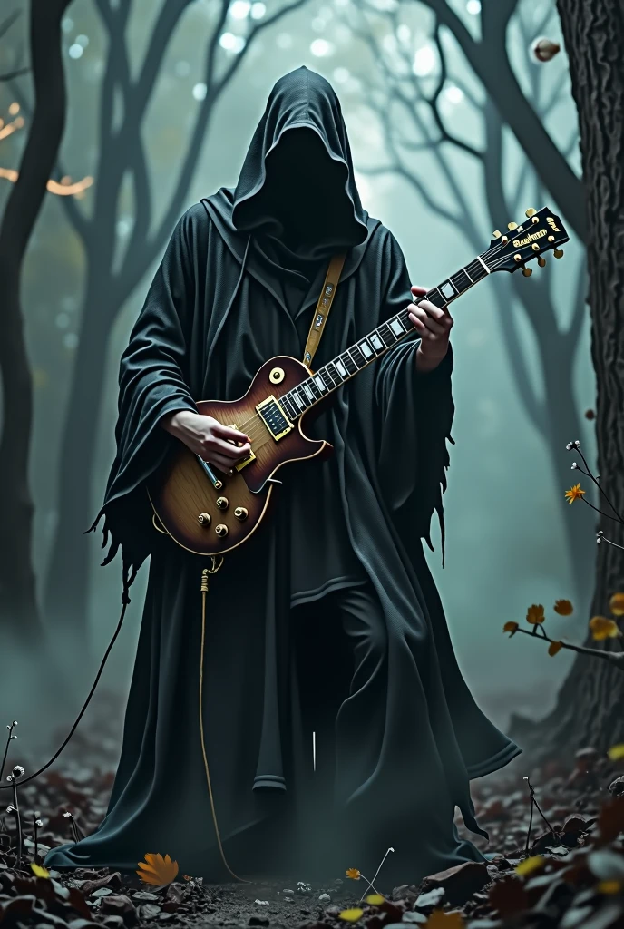 hooded metal music man guitarist faceless with robe in full body metal attitude haunted forest with guitar les paul sorcier du heavy metal, Electric guitar slash position