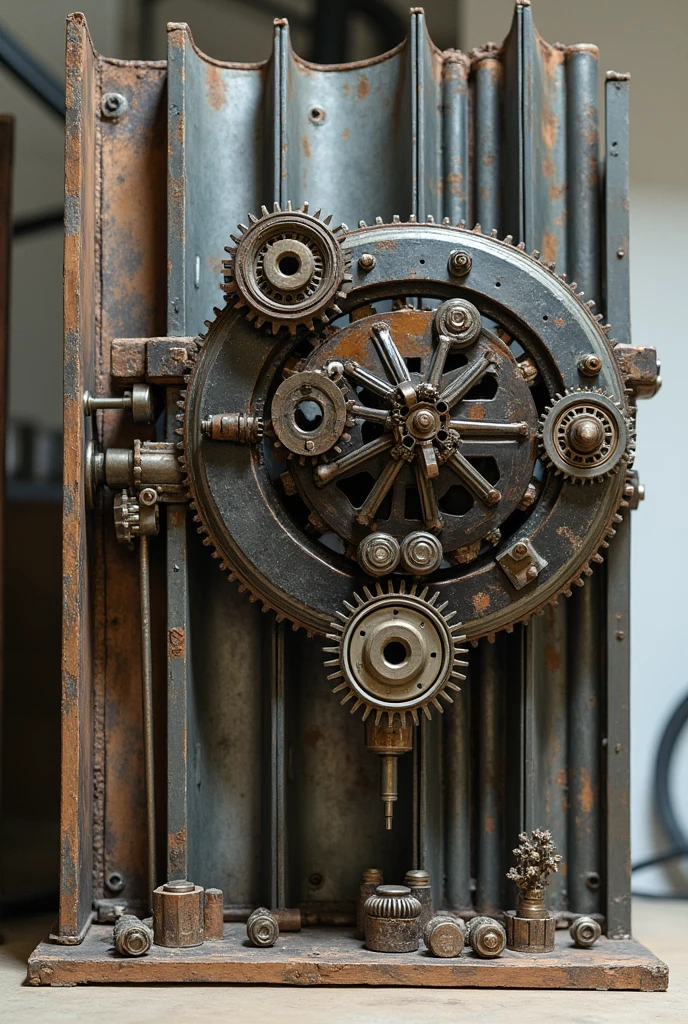 Crusher project with recyclable materials using motorcycle sprockets, axles, sealed bearings, and metal profiles for ceilings 
