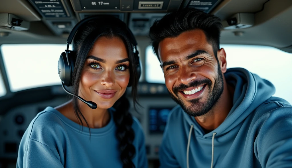 (photorealism: 1.2), hot brazilian sexy girl in sexy dynamic pose. raw portrait photography, hyper realistic and detailed face, complex and realistic skin texture, hot body, athletic body, smiling, long black hair with braid, dressed with long blue sweatshirt and headset with microphone with the pilot, handsome tanned guy, Brazilian, beard and beautiful smile, green eyes, black hair in the cockpit airbus