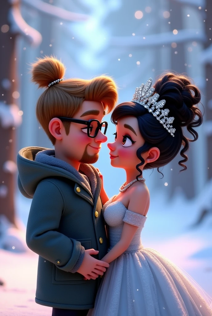 pixar 3d effect, couple in love, he young chubby, Eye Brown, Light brown bun hair, taz's clothes, light hair, goatee, wearing glasses, she has black curly hair, black curly hair, volumous hair, eyes browns, ice queen dress, Diamond Crown, Snow Background