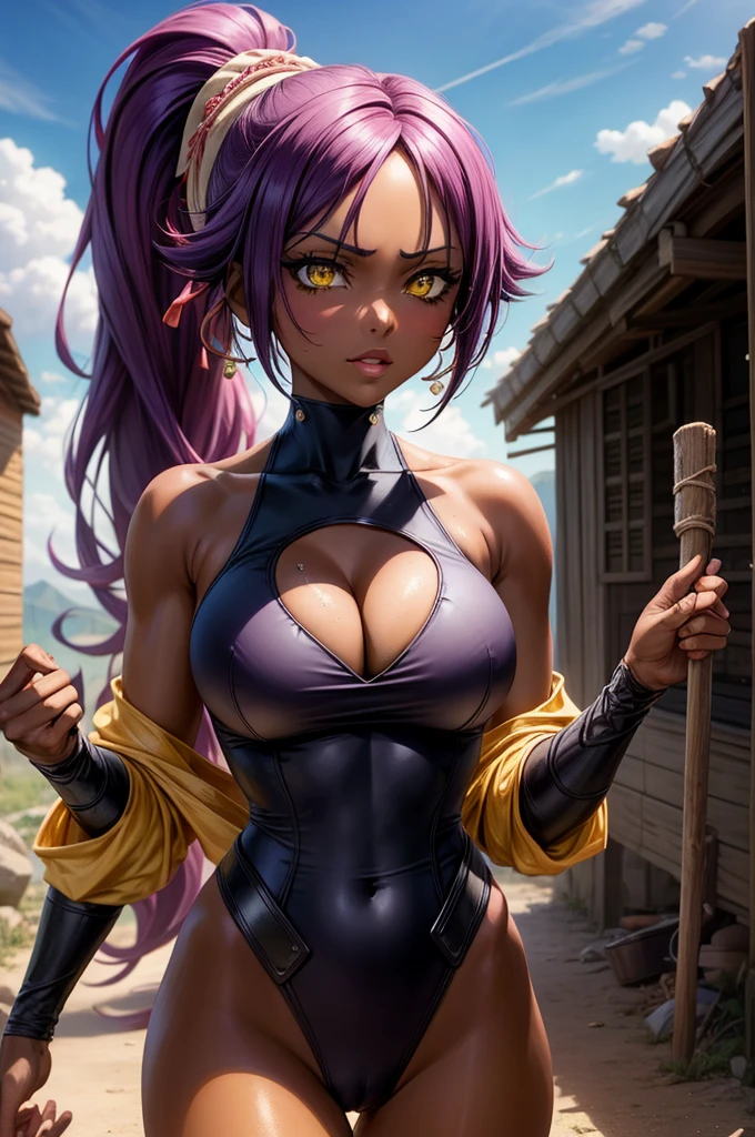 best quality, expressive eyes, perfect face, Big breasts, cleavage, close up on face, yoruichi shihouin, dark skin, dark-skinned female, bare shoulders, ((black leotard)), yellow eyes, purple hair, long hair, ponytail, post-apocalyptic landscape, blue sky